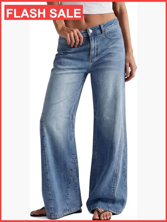 Denim - High Waisted Wide Leg Barrel Jeans Stretch Baggy Flare Denim Pants